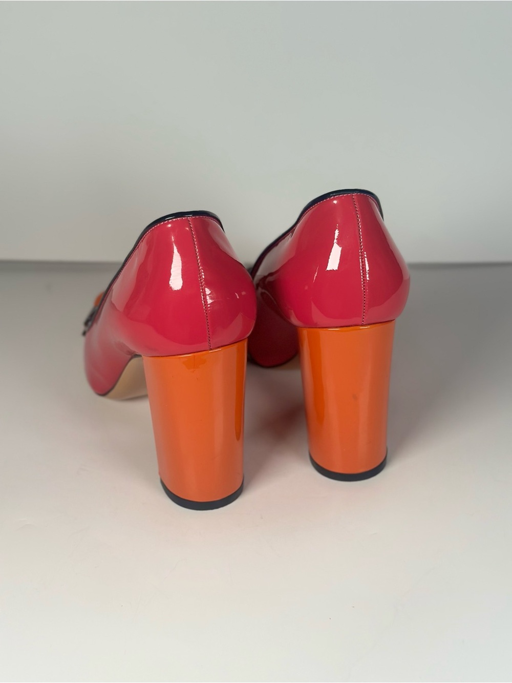 Salvatore Ferragamo Pink and Orange Patent Leather Block Heel Pumps - Picture 5 of 9